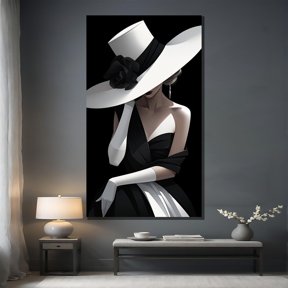 High Contrast Monochrome Woman In White Hat And Black Gown Poster - Image 2