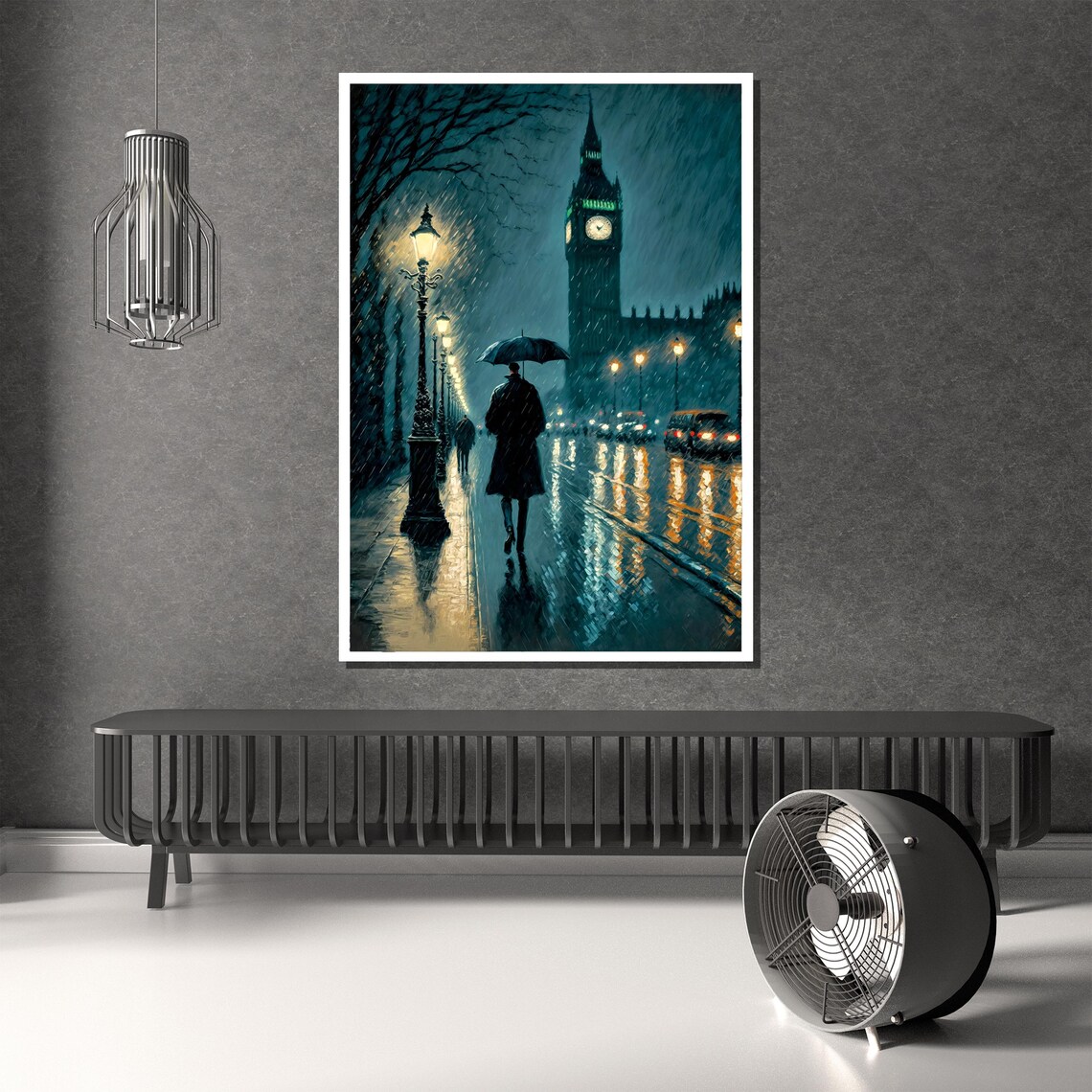 Atmospheric Rainy London Night Street Scene With Big Ben Poster - Image 3