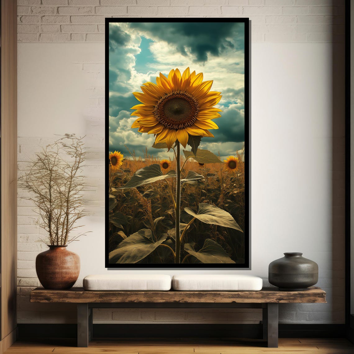 Tall Sunflower In Golden Field Under Dramatic Cloudy Sky Poster - Image 4