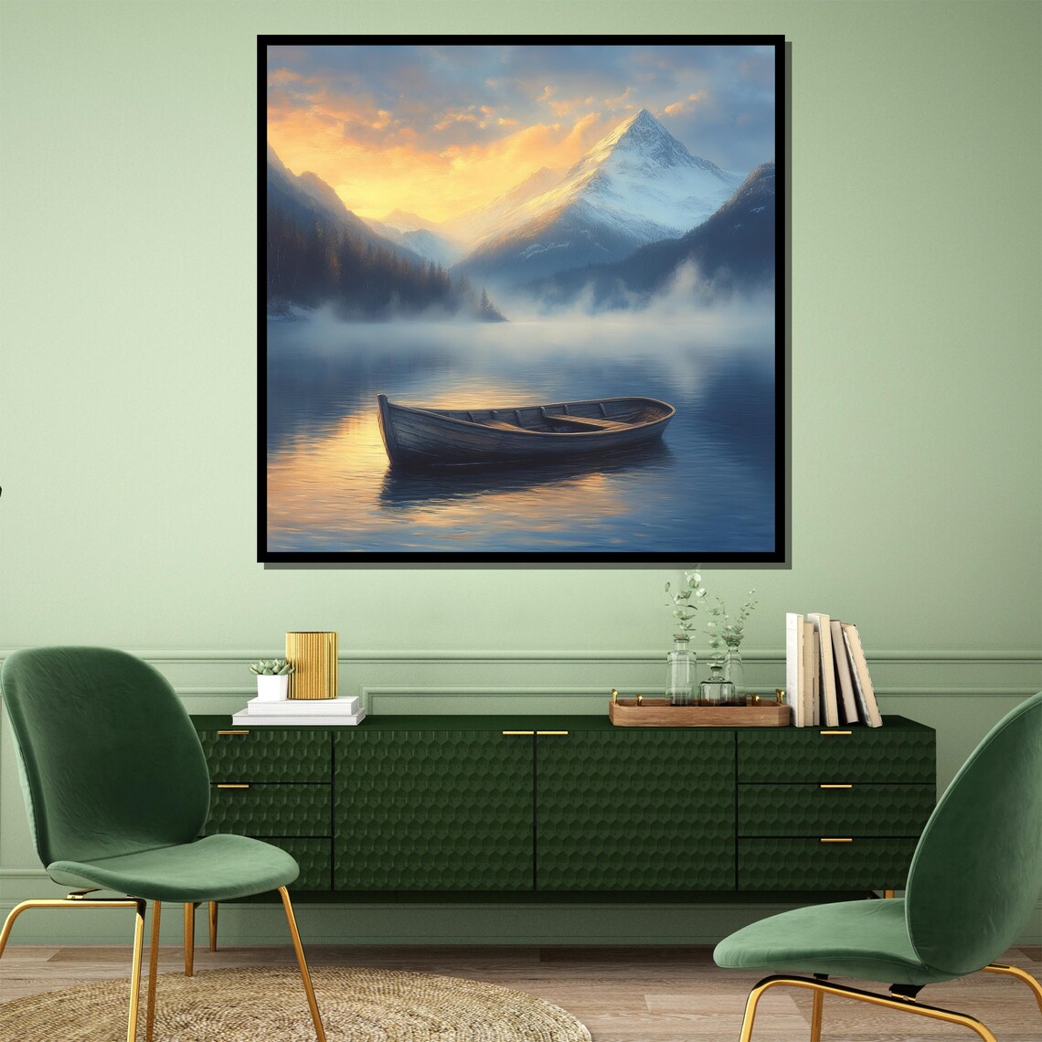 Lone Wooden Rowboat On Misty Mountain Lake At Sunrise Art Poster - Image 4