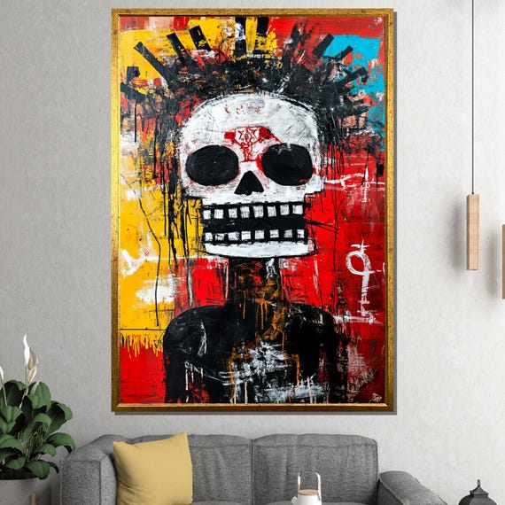 Jean Michel Basquiat Painting Abstract Skull Graffiti Art Bold Urban Wall Decor Contemporary Street Art Unique Pop Art Gift