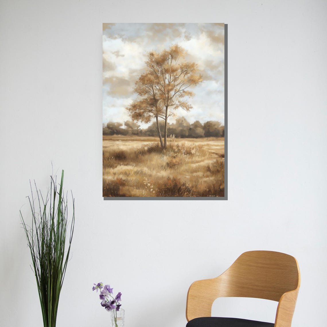 Rustic Tree Painting Neutral Landscape Wall Art Farmhouse Decor Gift For Living Room Or Office - Image 2