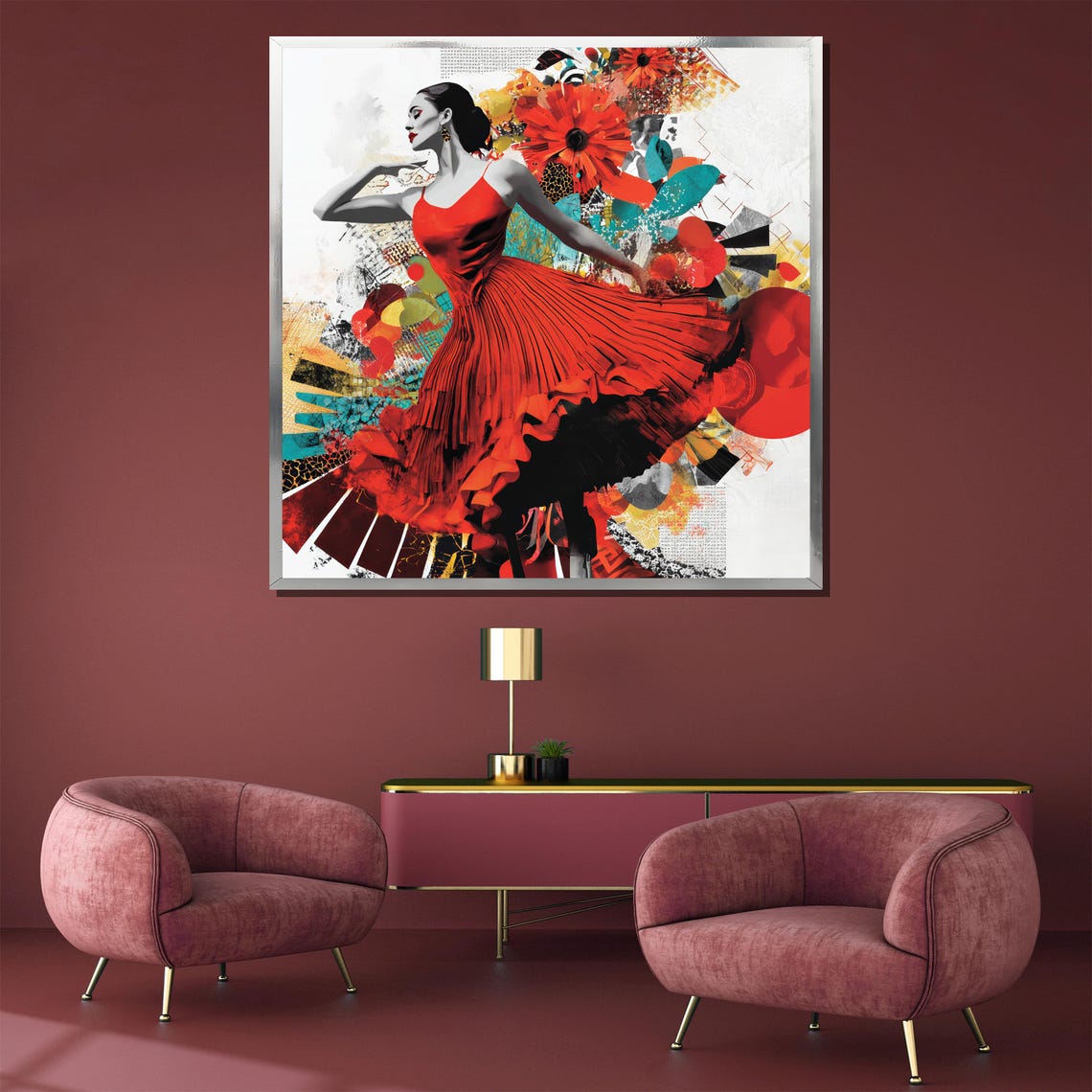 Flamenco Dancer in Red Dress on a Vibrant Collage Backdrop Poster - Image 3