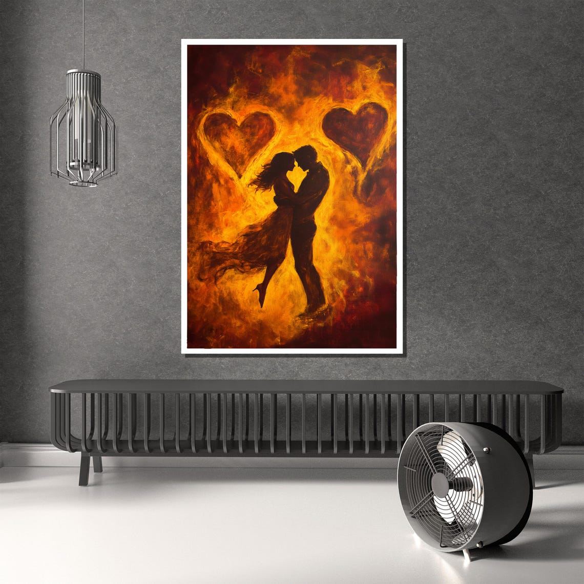Fiery Heart Passion Couple Flames Silhouette Dramatic Art Poster - Image 3