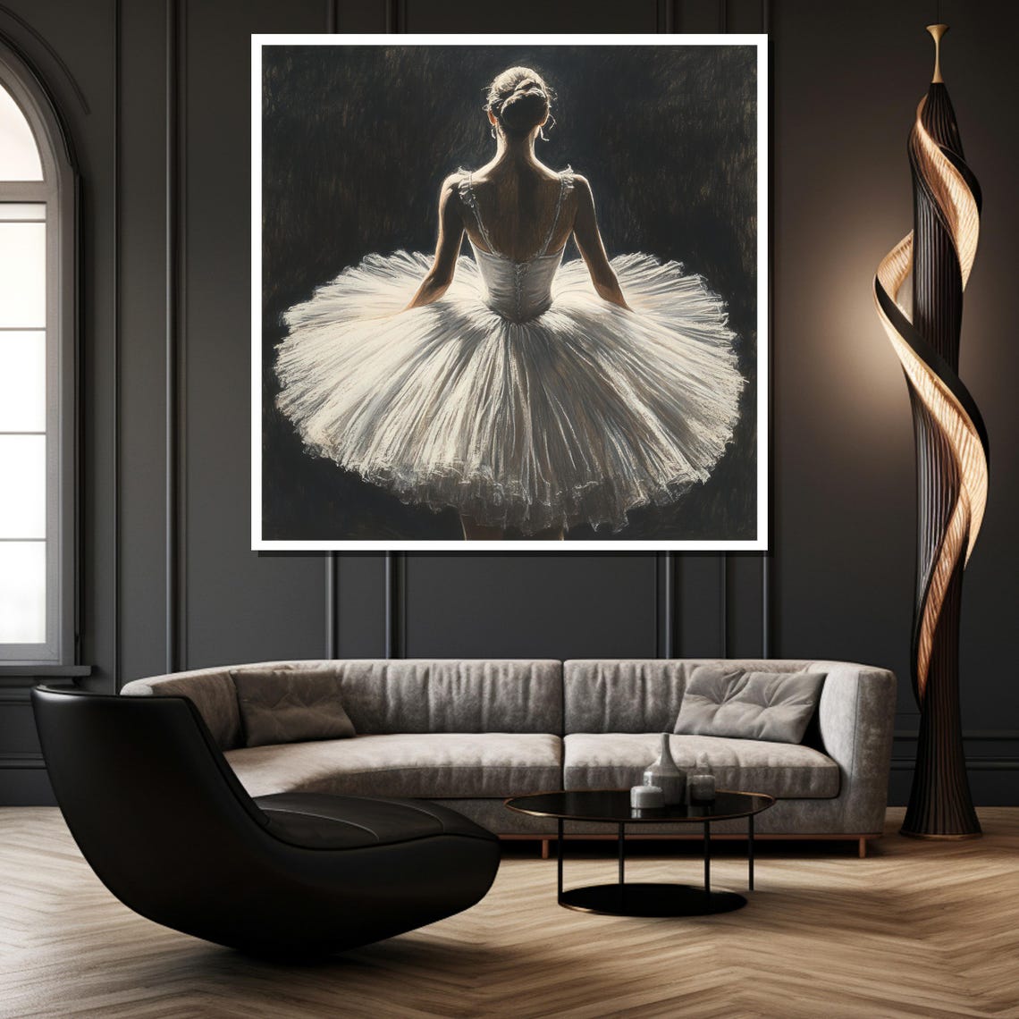 Seated Ballerina in Glowing White Tutu on Dark Stage Painterly Poster - Image 2