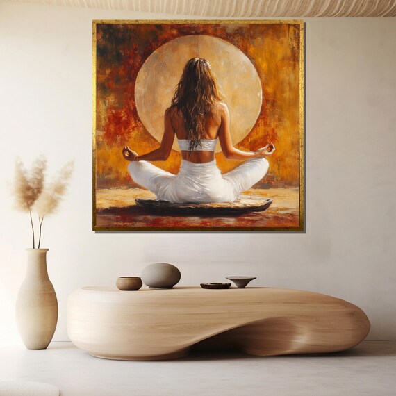 Woman Meditating Before a Golden Sun Oil Painting Style Poster