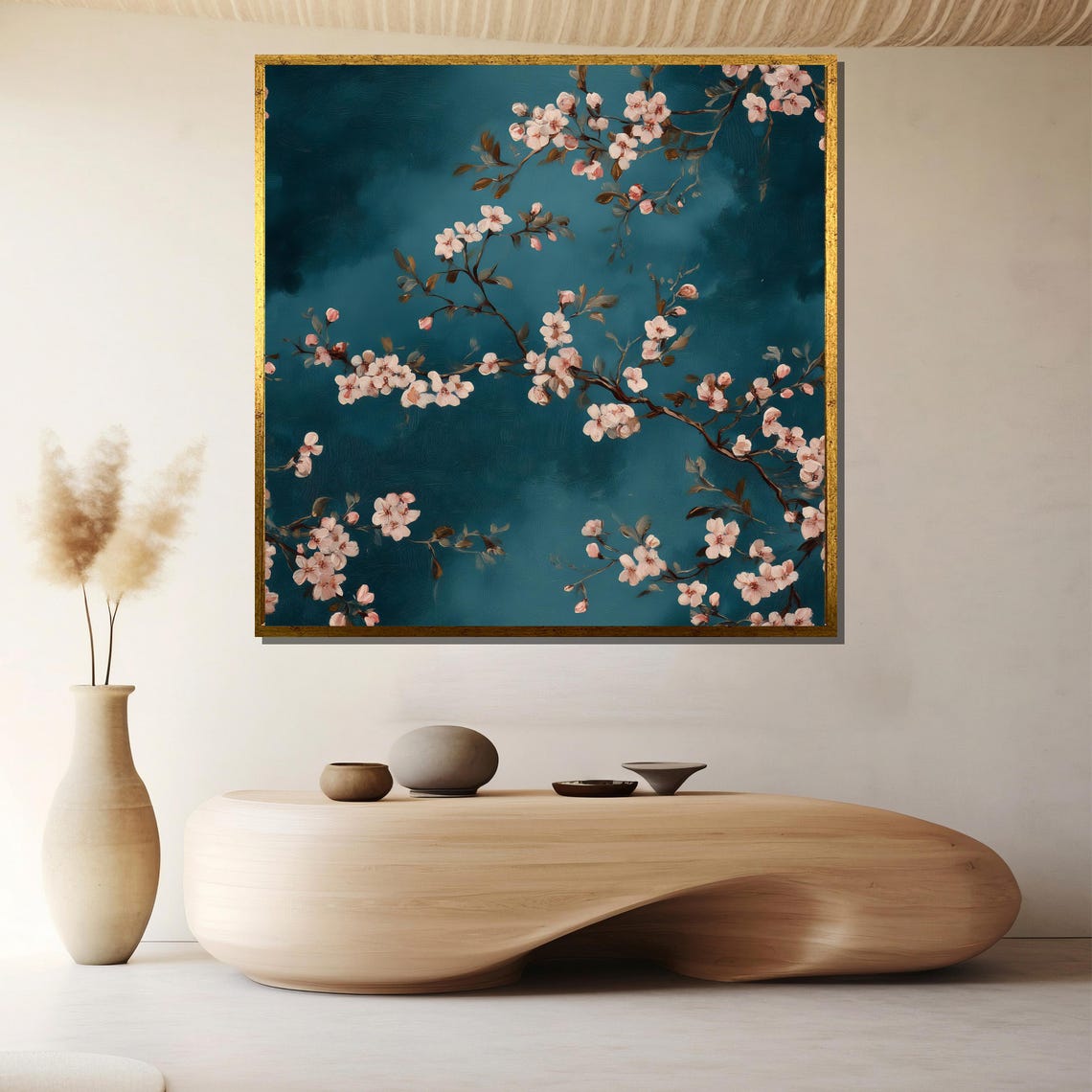 Elegant Pink Cherry Blossom Branches On Dark Teal Art Poster