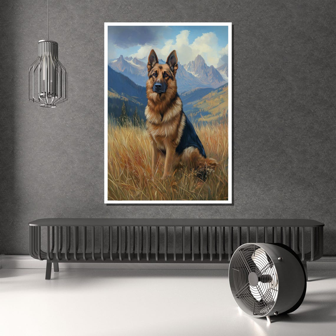 German Shepherd Sitting in a Wheat Field with Mountains Poster - Image 2