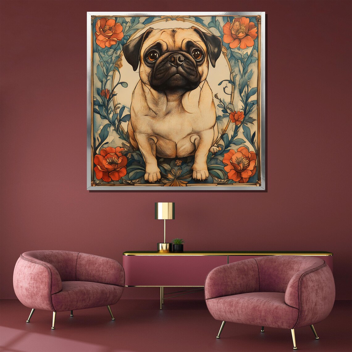 Adorable Pug Puppy Framed By An Art Nouveau Floral Design Poster - Image 3