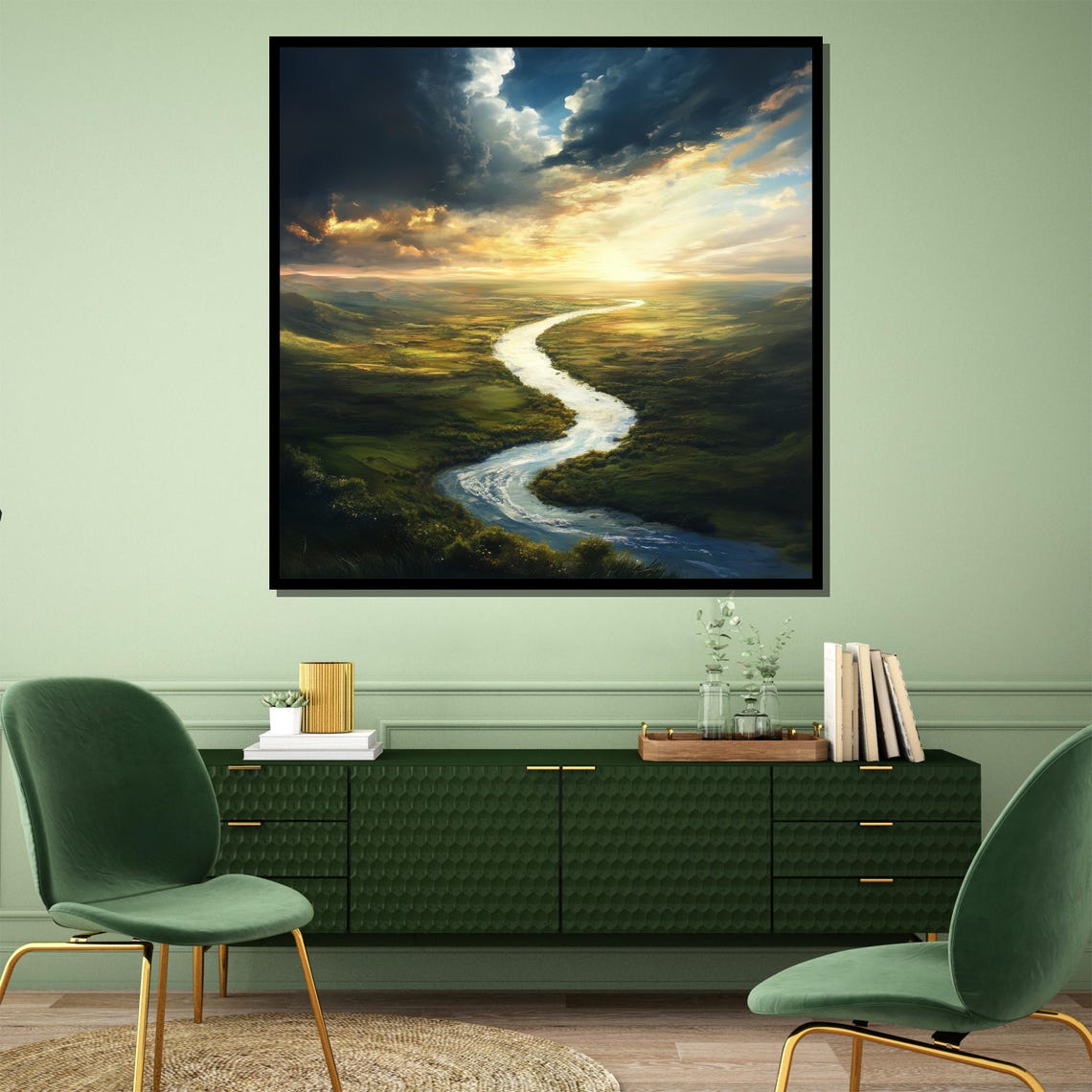 Golden Horizon Winding River Valley Sunset Landscape Artwork Poster - Image 4