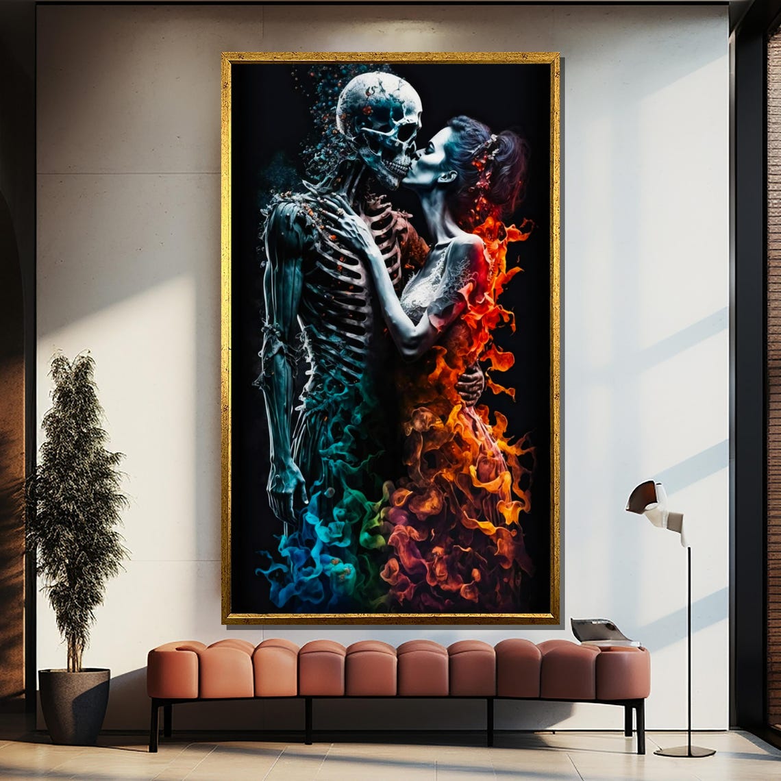 Passionate Skeleton And Woman Painting Dramatic Wall Art Gift For Unique Home Decor And Bold Romantic Style