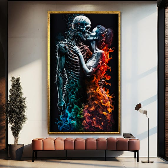 Passionate Skeleton And Woman Painting Dramatic Wall Art Gift For Unique Home Decor And Bold Romantic Style