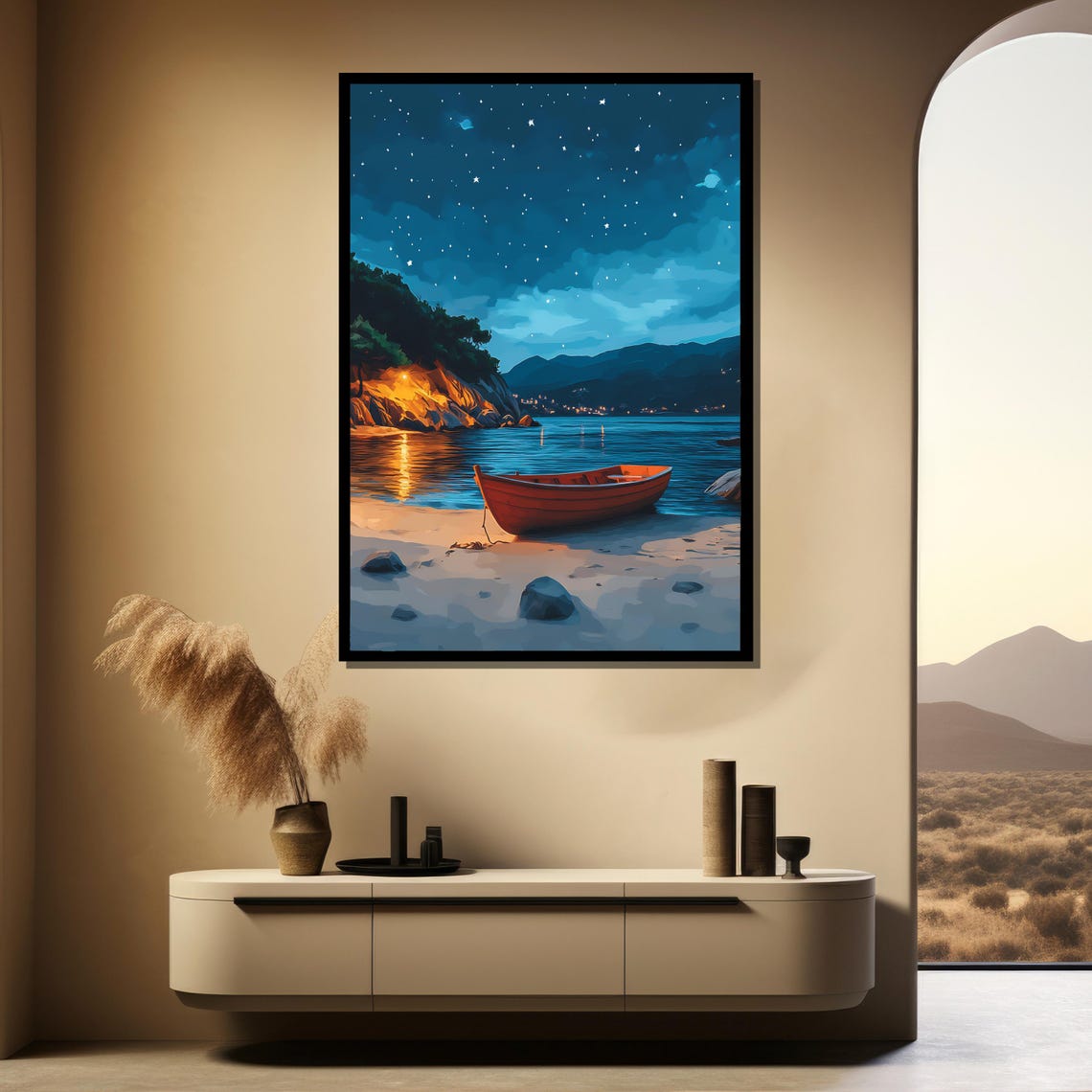 Starry Night Red Rowboat On Moonlit Beach Coastal Art Poster - Image 4