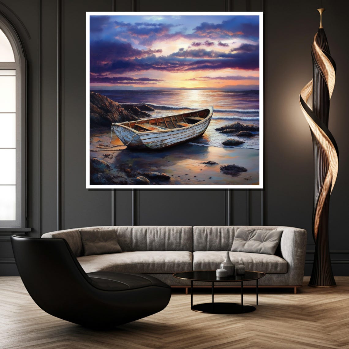 Weathered Rowboat On Rocky Shore Purple Sunset Coastal Poster - Image 2