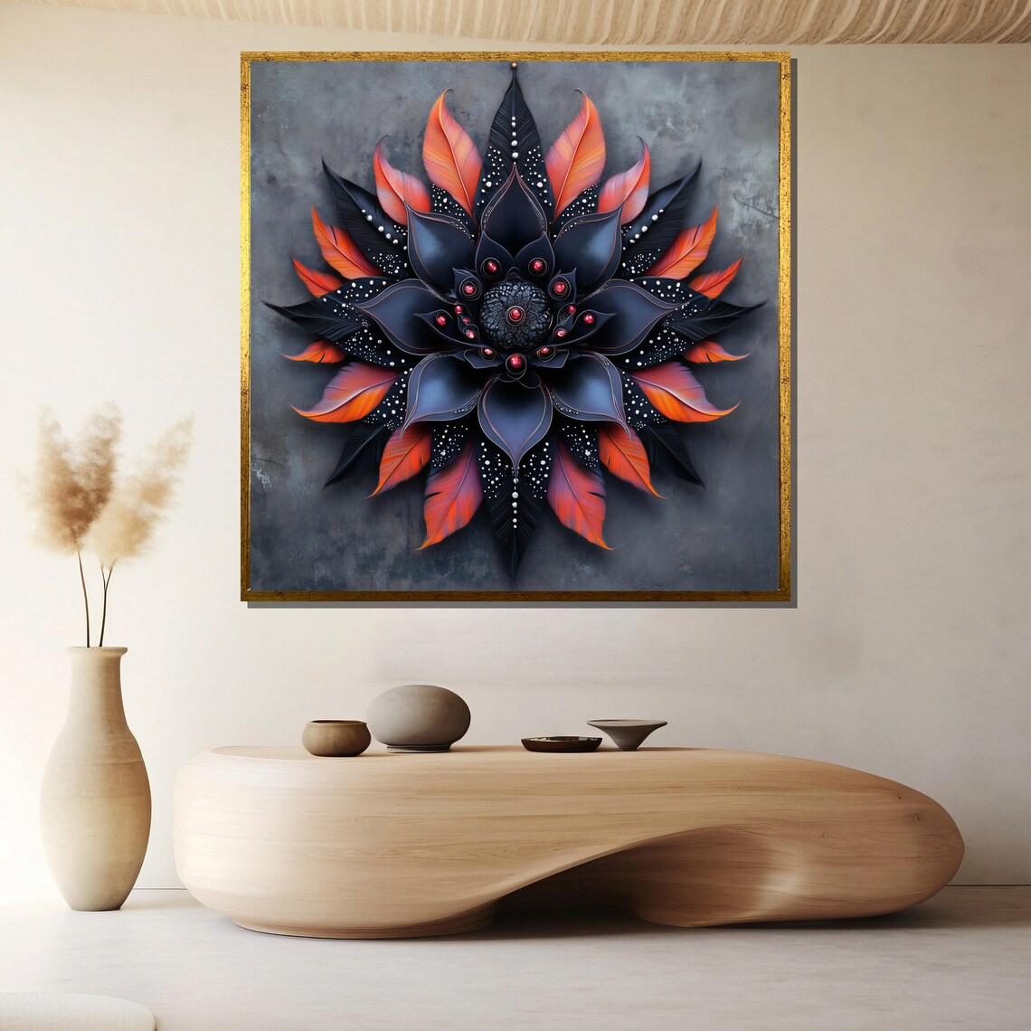 Black And Fiery Red Mandala Bloom Abstract Floral Art Poster