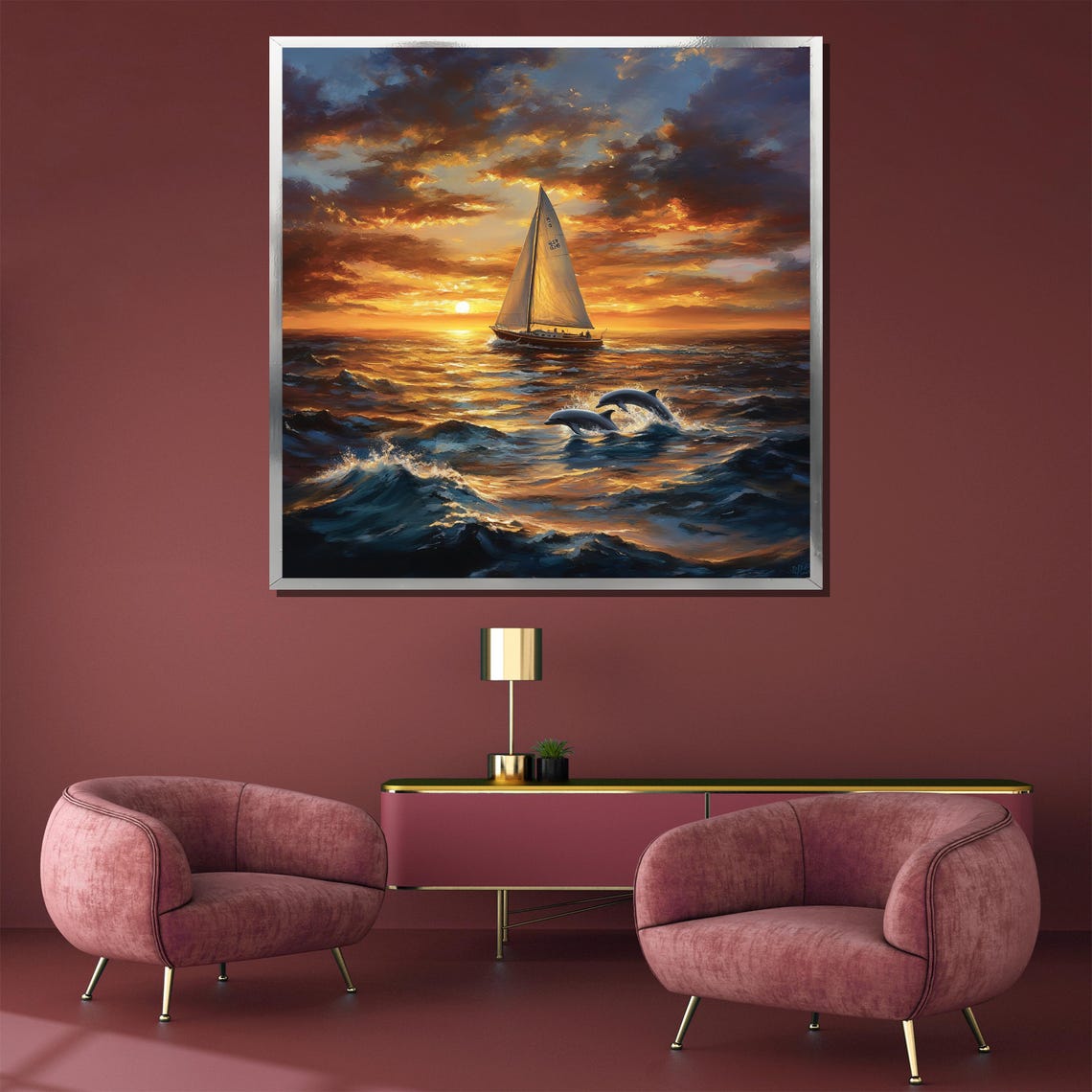 Golden Sailing Sunset With Dolphins Leaping Ocean Waves Poster - Image 3