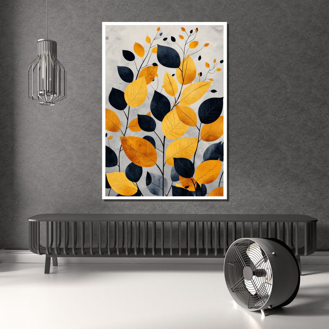 Golden Yellow And Navy Blue Leaf Branches Modern Botanical Poster - Image 2
