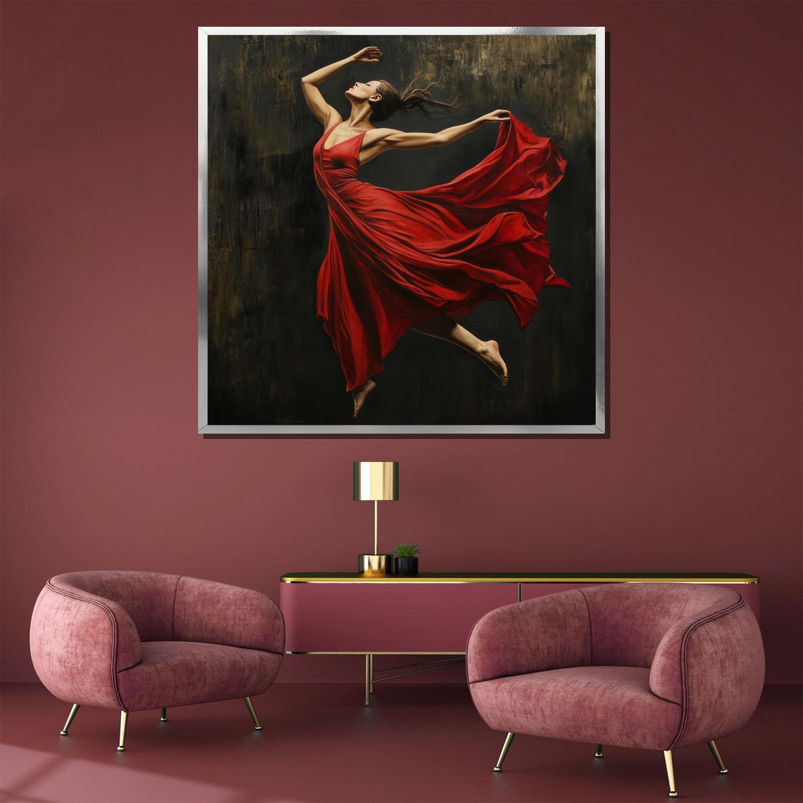 Dancer in Flowing Red Dress Leaping Across Dark Canvas Poster - Image 3