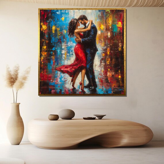 Romantic Tango Couple Embrace Painting in Red and Blue Poster