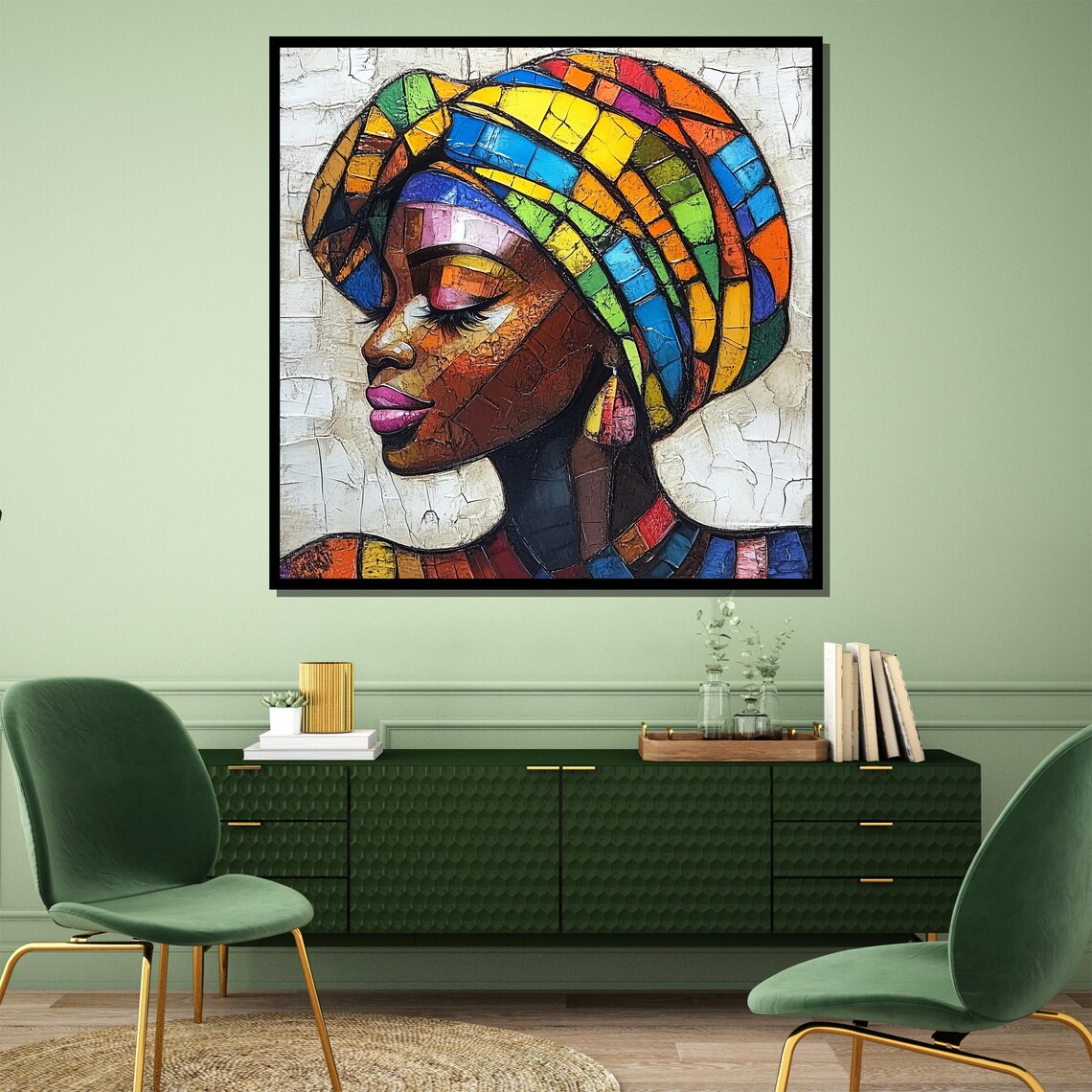 Rainbow Mosaic Woman Portrait on Crackled Ivory Texture Art Poster - Image 4