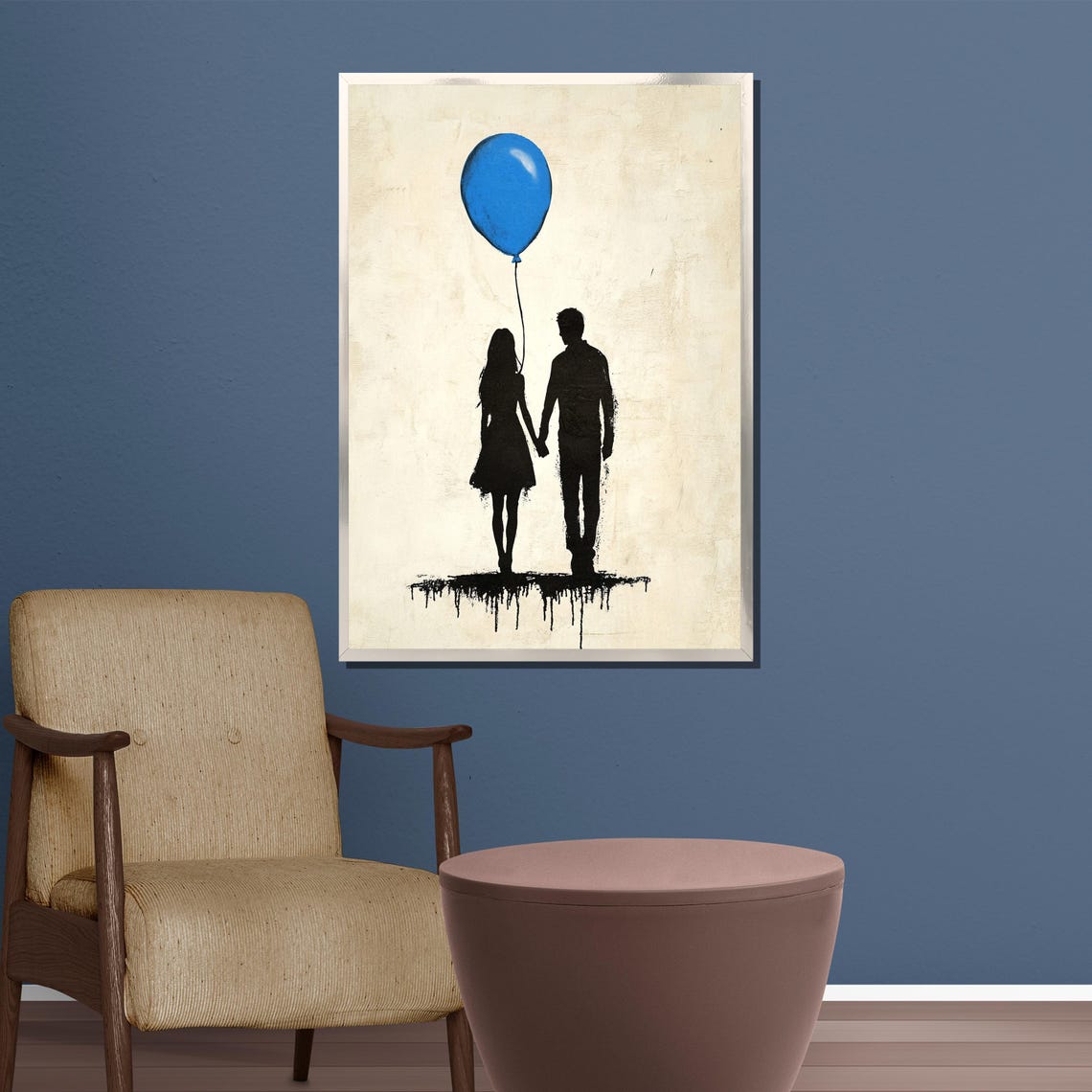 Couple Silhouettes Holding Hands Under a Blue Balloon Poster - Image 3