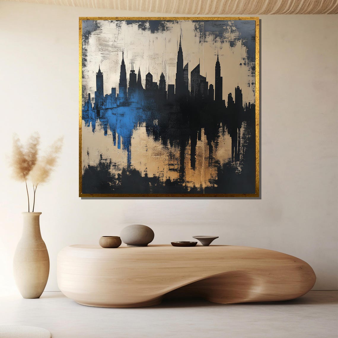 Modern Abstract Cityscape Silhouette Gold And Blue Art Poster