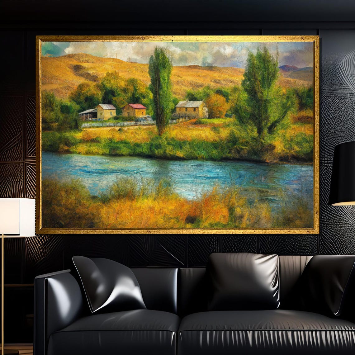 Charming Countryside River Landscape Painting Beautiful Wall Art Gift For White Room And Rustic Nature Decor