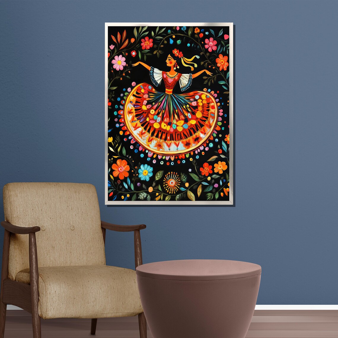 Joyful Mexican Folk Dancer Swirling Colorful Dress Folk Art Poster - Image 4