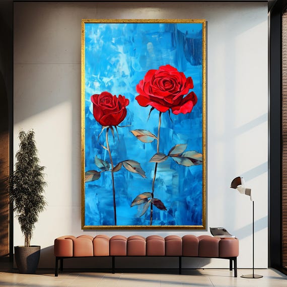 Bold Red Roses On Blue Painting Vibrant Floral Wall Art For Living Room Or Office Unique Gift For Modern White Spaces