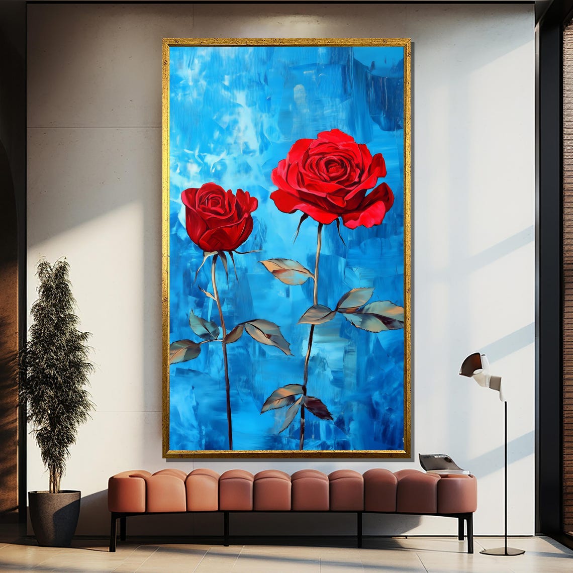 Two Tall Red Roses On Vivid Blue Painterly Floral Art Poster