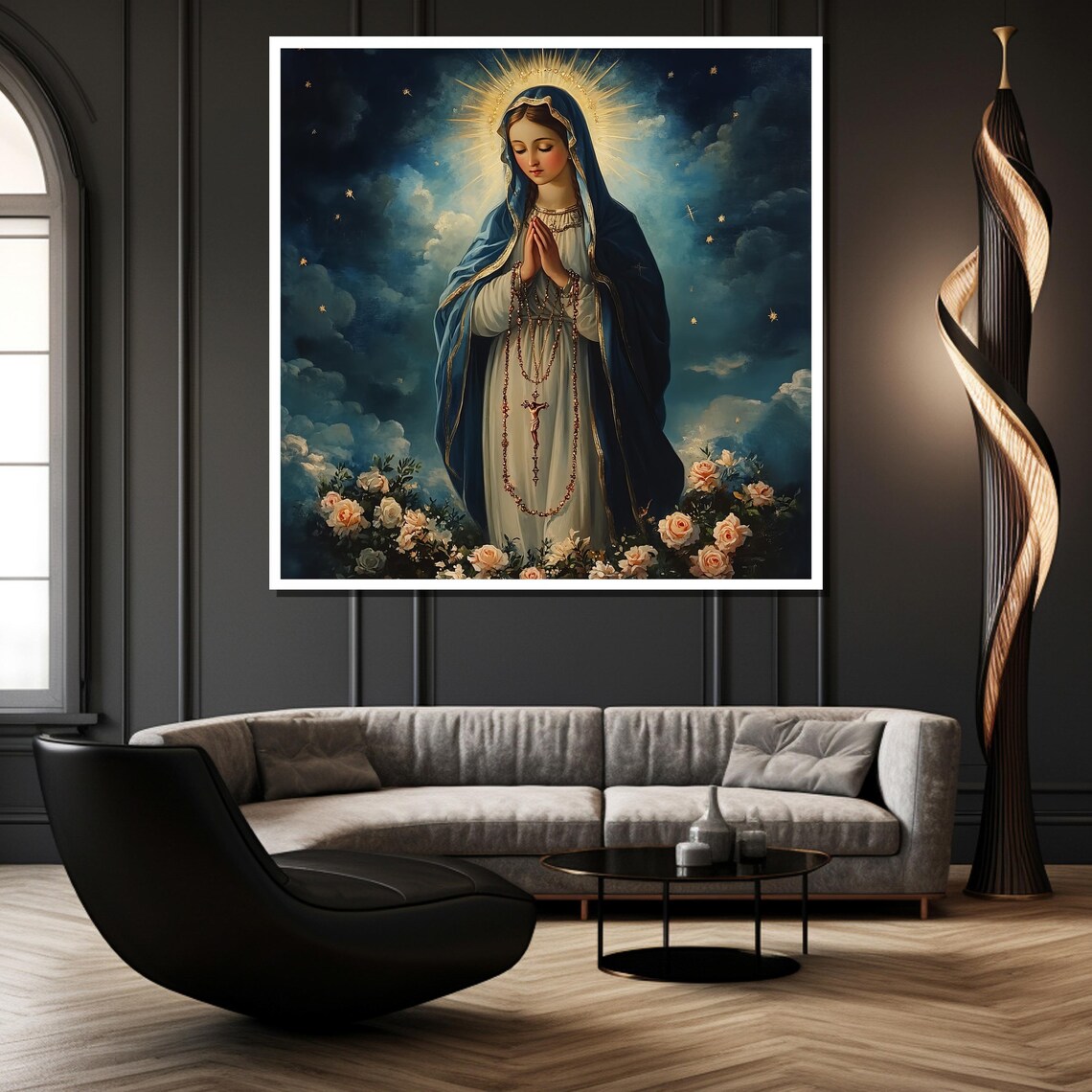 Praying Virgin Mary Rosary Starry Night Roses Religious Poster - Image 4