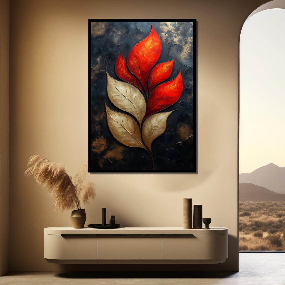 Fiery Red And Gold Leaf Flames On Dark Moody Textured Art Poster - Image 4