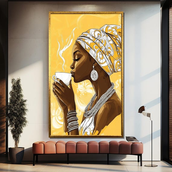 Elegant Ethnic Woman With Coffee Painting Unique Art Gift For Warm Home Decor And Wall Aesthetics