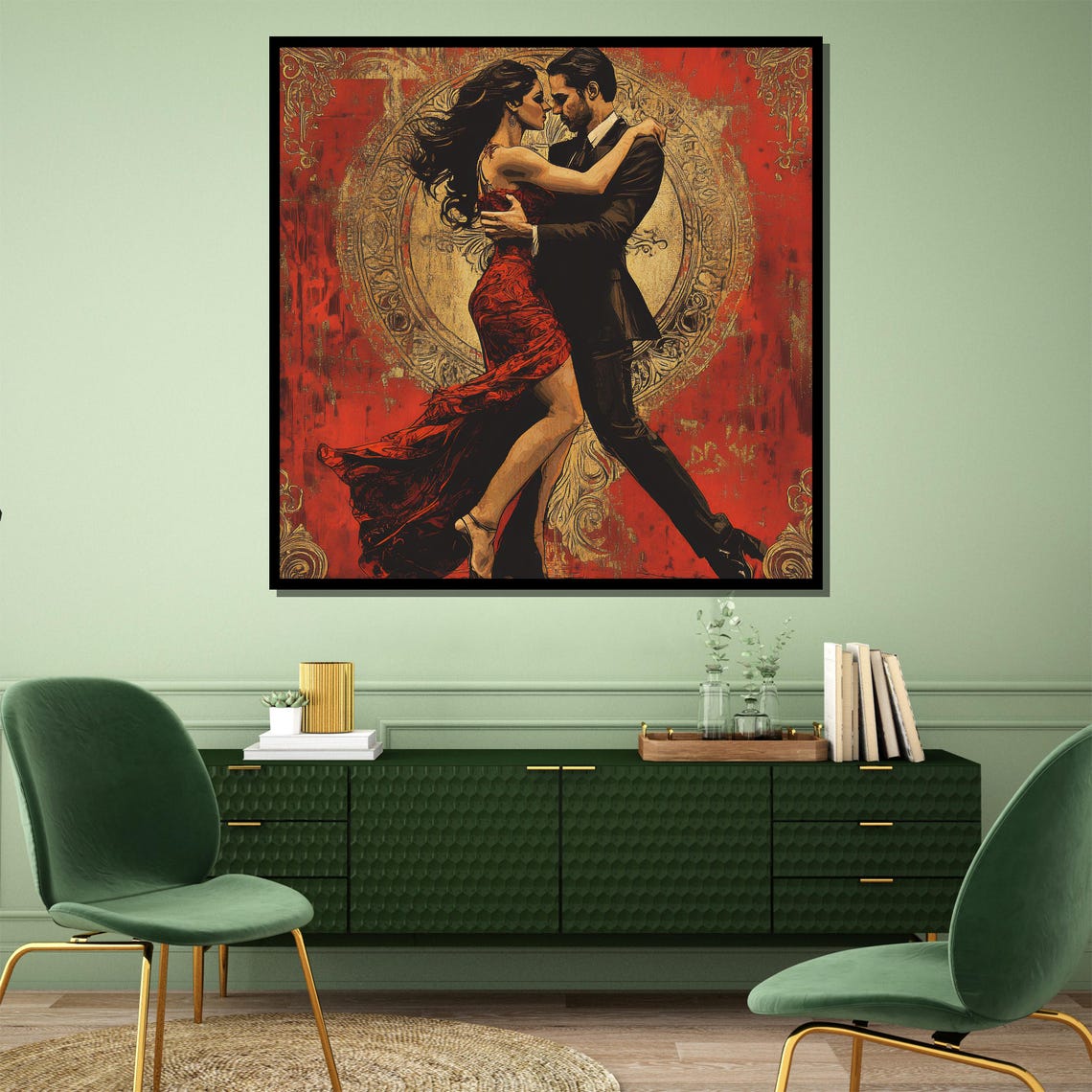 Passionate Tango Couple Dancing in Red and Gold Ornate Style Poster - Image 4