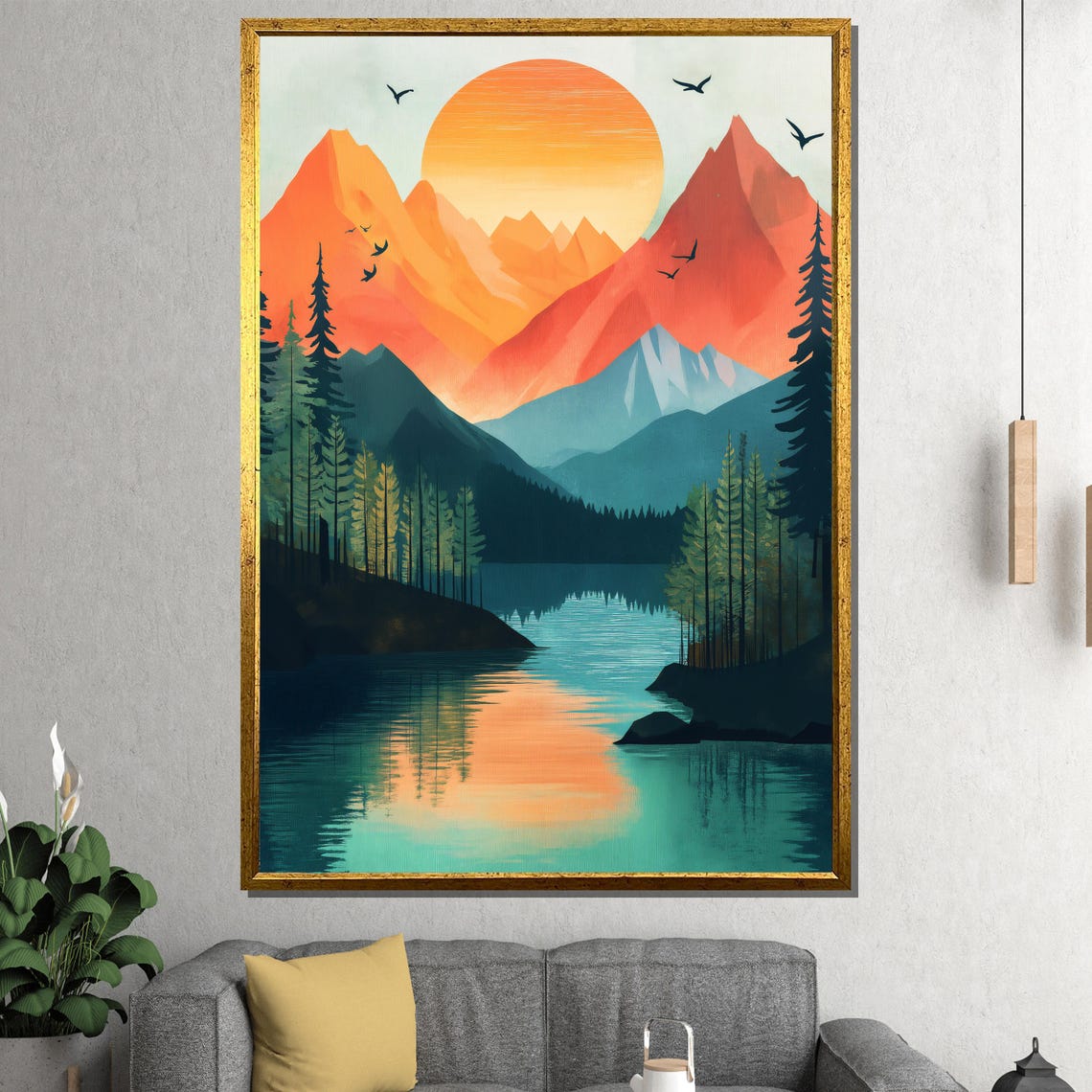 Geometric Mountain Sunset Lake Reflection Adventure Art Poster