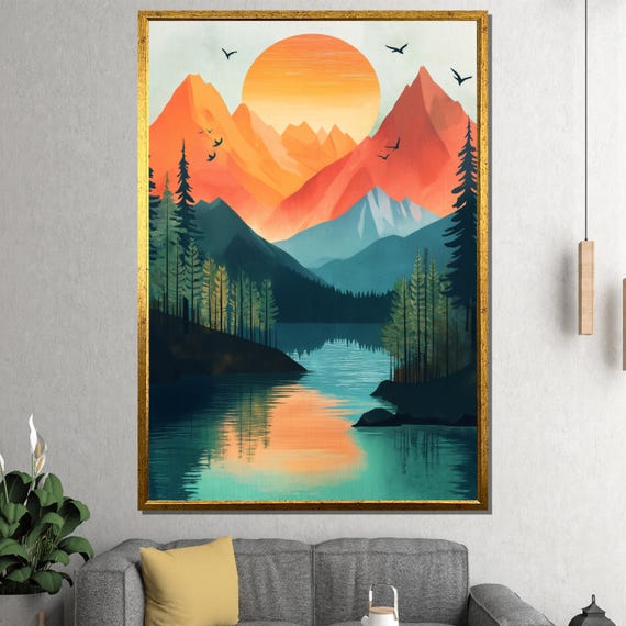 Sunset Mountain Painting Scenic Lake And Forest Wall Art Vibrant Home Decor Gift For Nature And Adventure Lovers