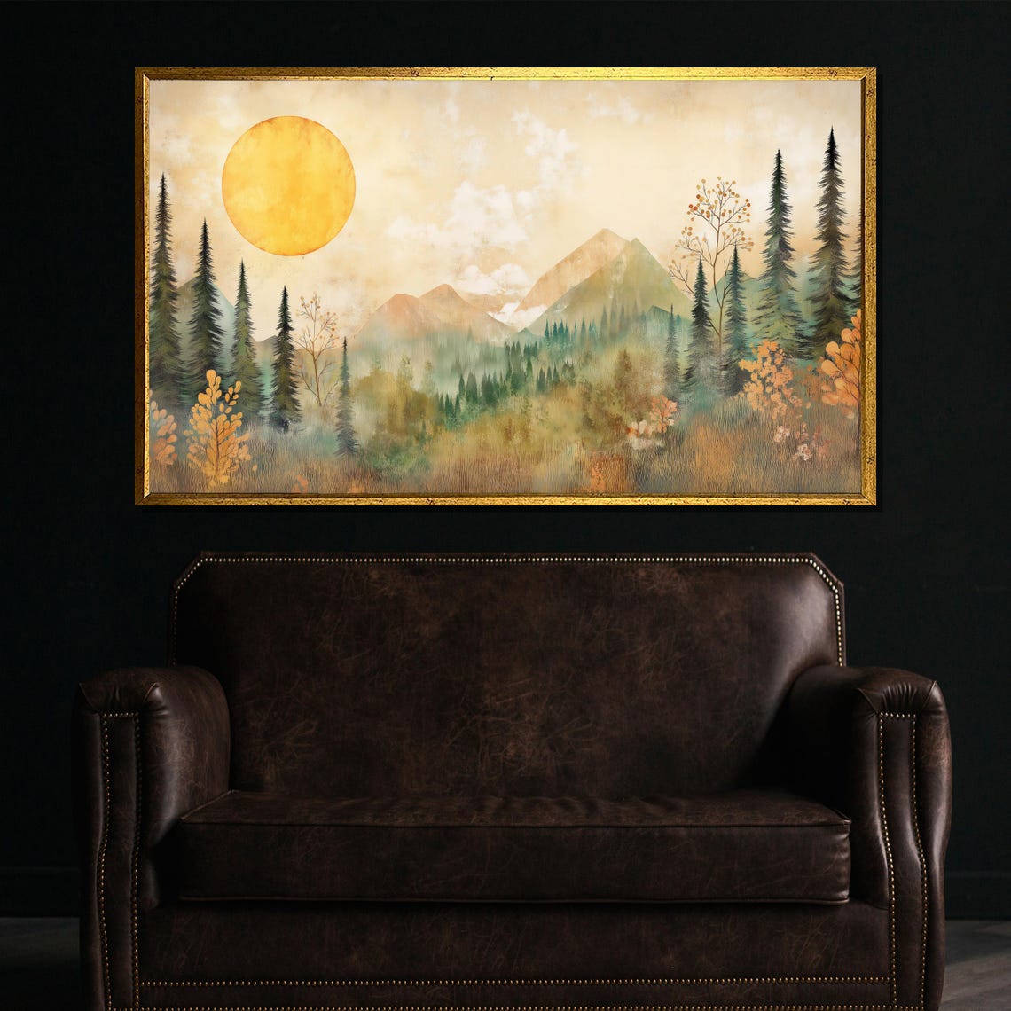 Golden Forest Landscape Painting Nature Mountains Trees Sun Wall Art Rustic Home Decor Gift For Nature Lovers