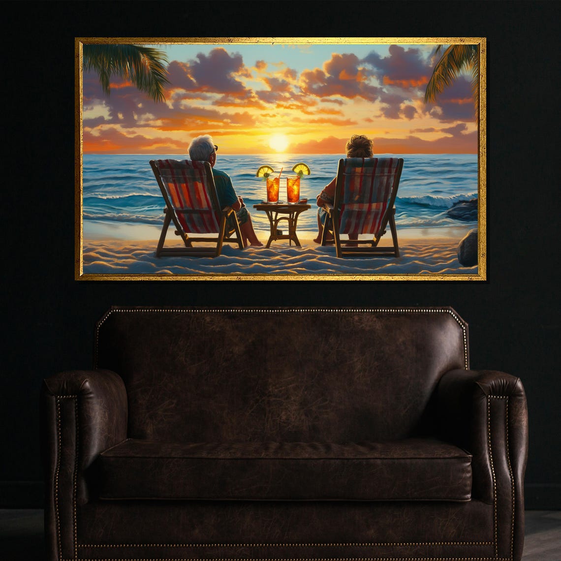 Romantic Couple Watching Beach Sunset Ocean Chairs Art Poster