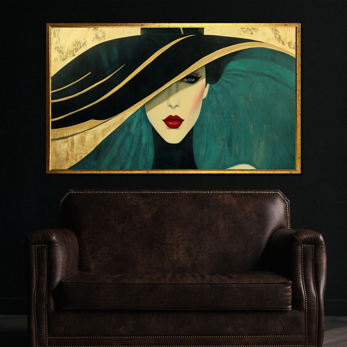 Art Deco Woman With Teal Hat Red Lips On Golden Backdrop Poster