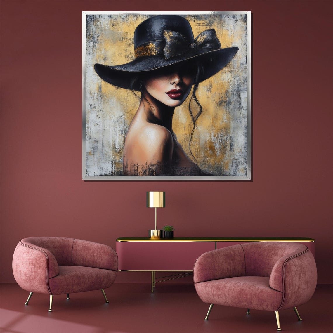 Elegant Woman In Black Bow Hat On Golden Abstract Art Poster - Image 4