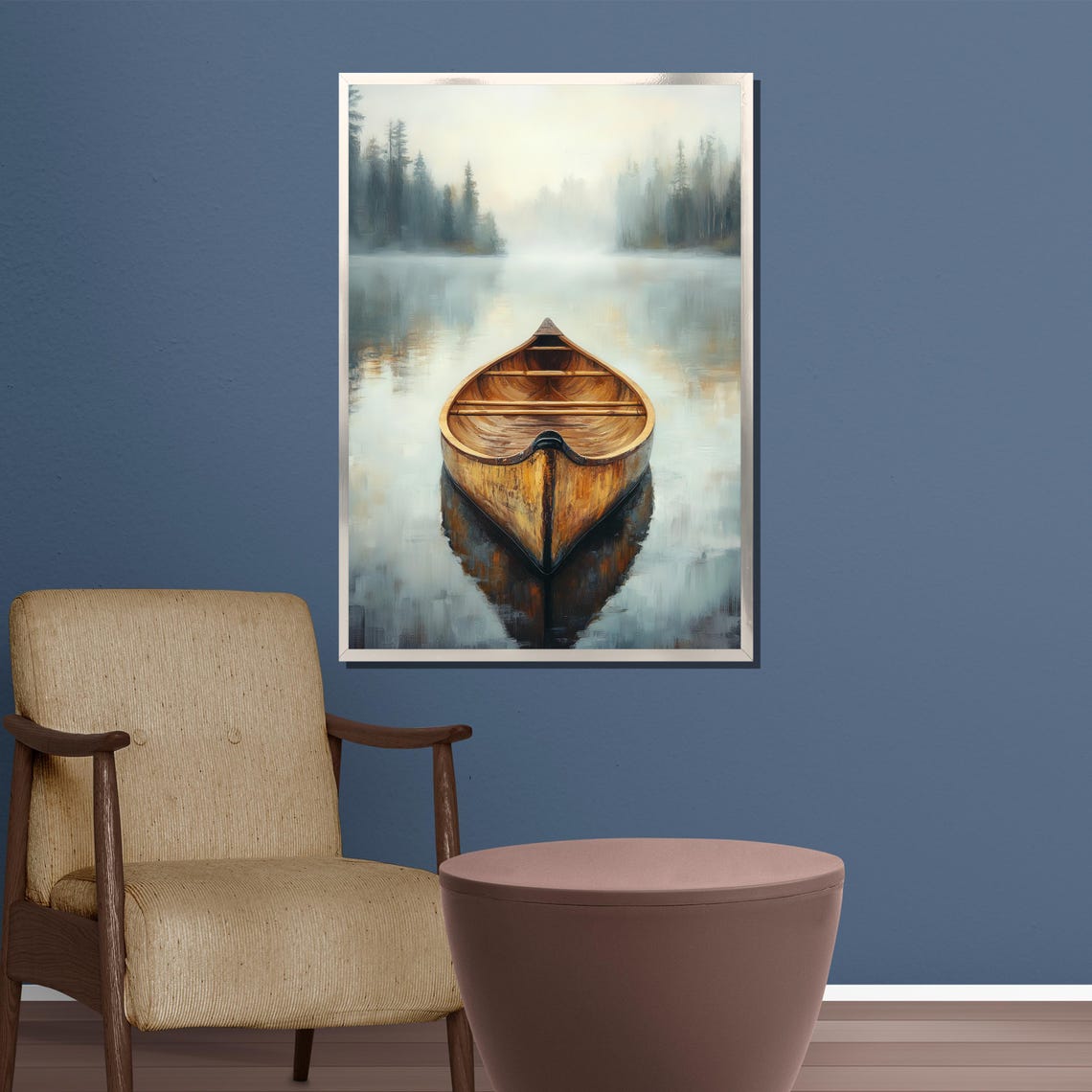 Peaceful Empty Wooden Canoe Misty Lake Still Water Forest Poster - Image 3