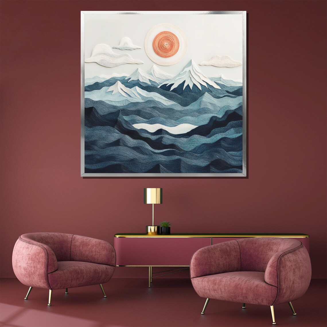 Layered Blue Mountains With Orange Spiral Sun Abstract Art Poster - Image 3