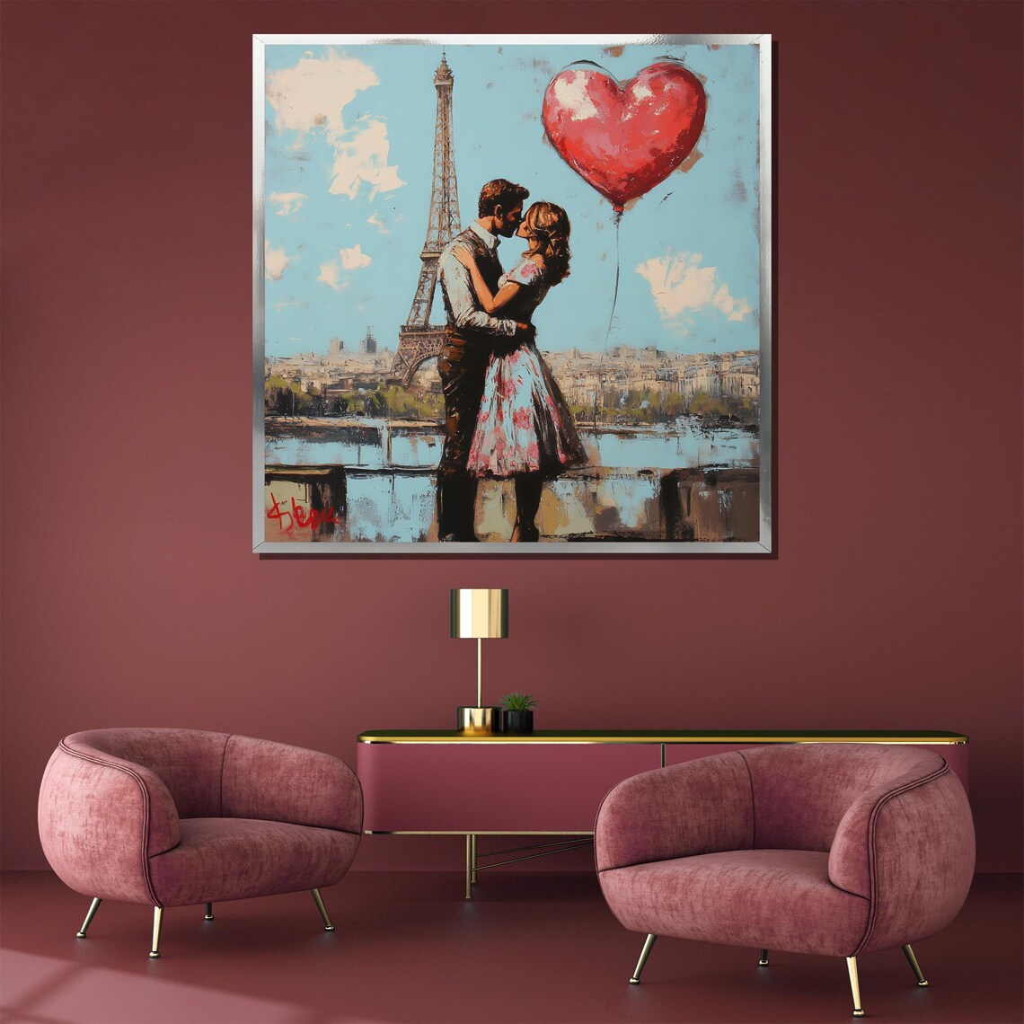 Paris Eiffel Tower Kiss Heart Balloon Romantic Terrace Art Poster - Image 4