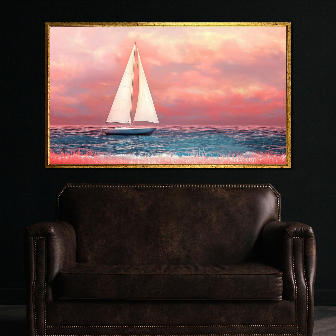 Sailboat Pink Sunset Glow Over Calm Ocean Horizon Scene Poster