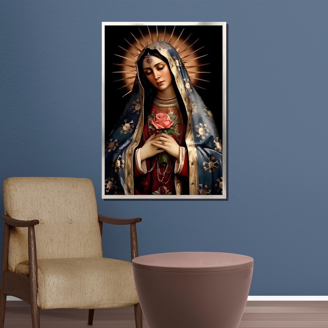 Virgin Mary Holding Rose Halo Guadalupe Style Religious Poster - Image 5