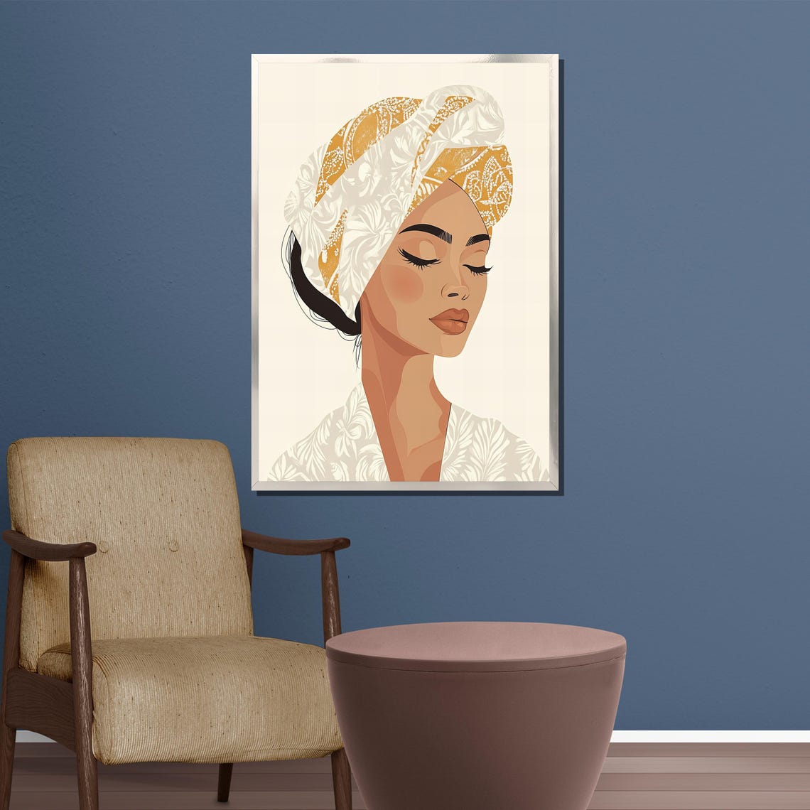 Minimalist Woman Profile in Gold Patterned Turban Serene Art Poster - Image 3