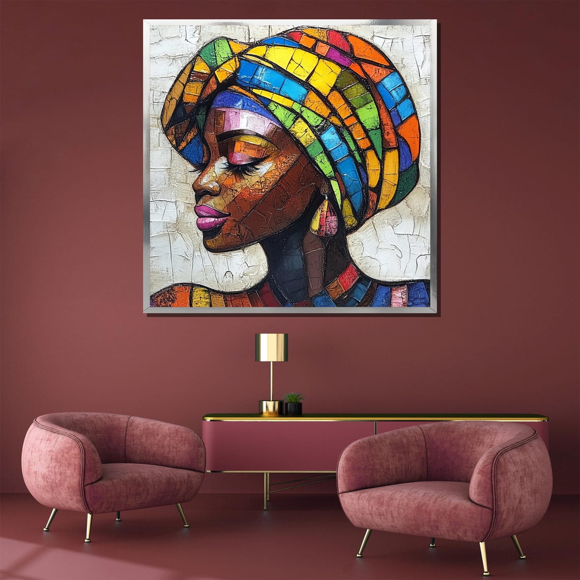 Rainbow Mosaic Woman Portrait on Crackled Ivory Texture Art Poster - Image 3