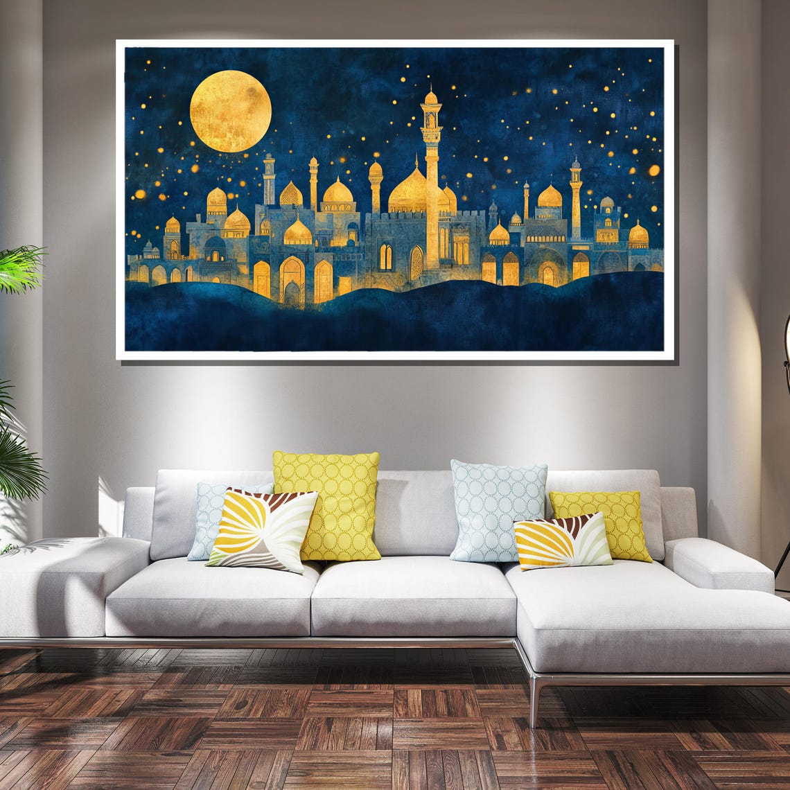Golden Mosque Domes and Minarets Under Full Moon Night Sky Poster - Image 2