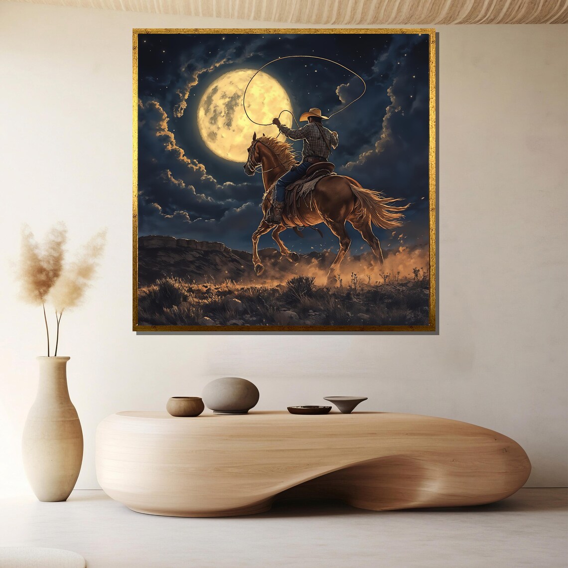 Midnight Lasso Cowboy Under Full Moon Night Horse Western Wall Poster