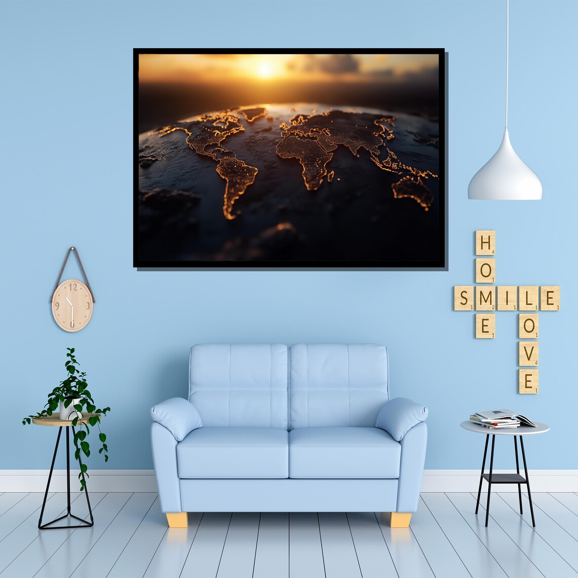 Golden Glowing World Map Earth Sunrise Modern Travel Wall Poster - Image 5